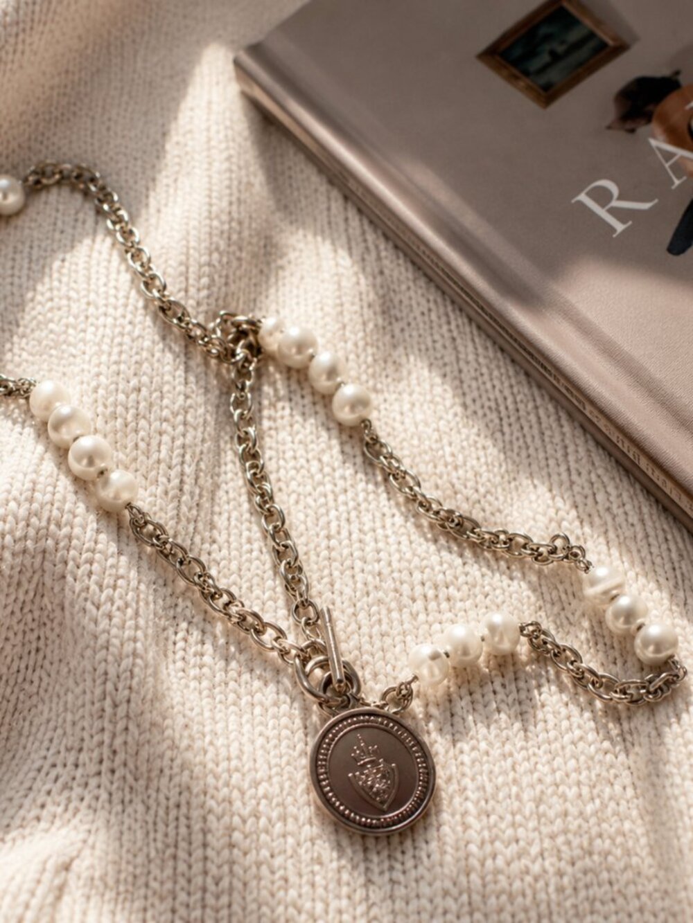 Lauren Ralph Lauren Pearl Medallion Toggle Necklace Silver Tone Layered